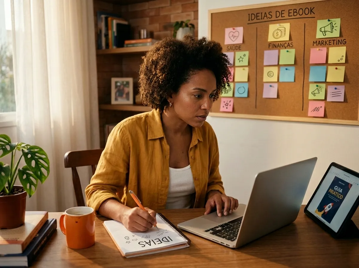 Empreendedora digital pesquisando ideias de ebook para vender no notebook, com quadro de nichos como saúde, finanças e marketing e anotações sobre possíveis temas.