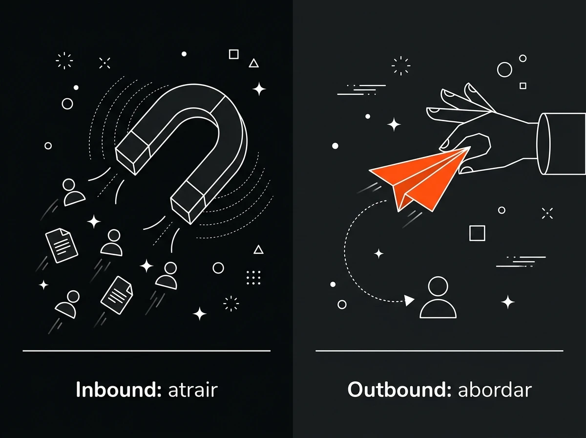 Ilustração que compara inbound e outbound marketing: um ímã atrai pessoas de um lado e uma mão lança um avião de papel em direção a um potencial cliente do outro