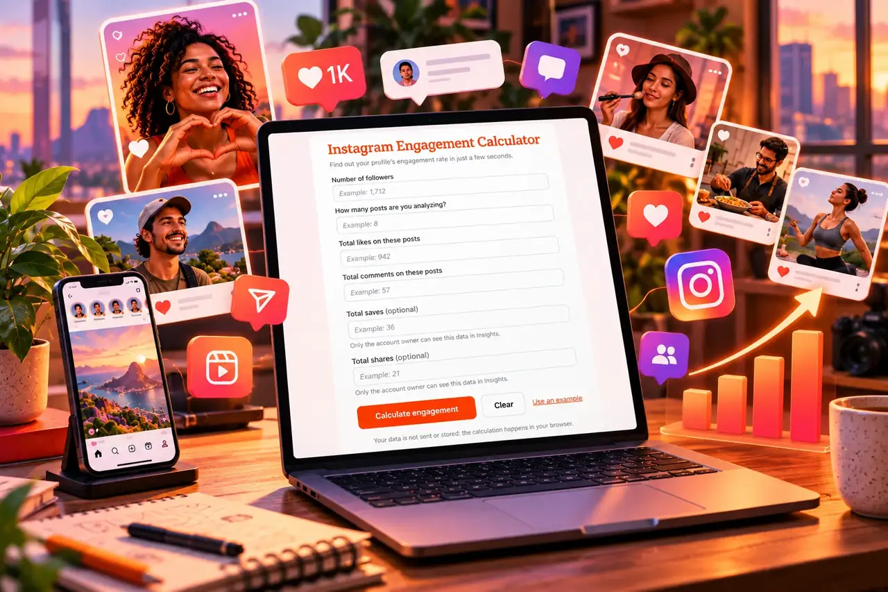 Laptop showing an Instagram engagement rate calculator with fields for followers and likes, surrounded by creator posts, like icons and a rising chart