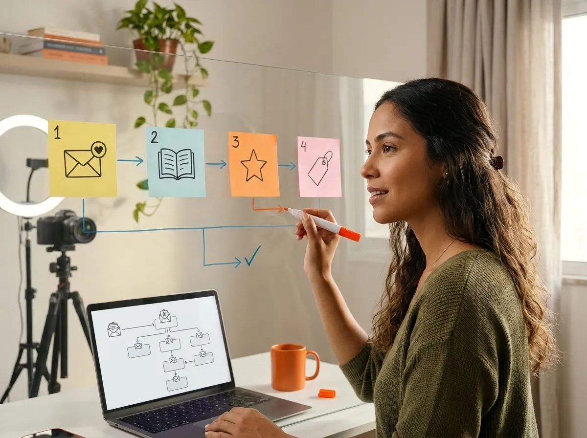 Content creator plans a lead nurturing email flow on a glass board with four email steps while checking the automation workflow on her laptop.
