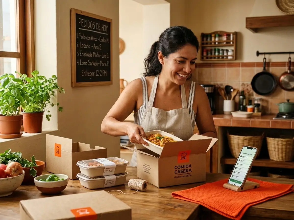 Emprendedora prepara pedidos de comida casera en su cocina y revisa los pedidos del día en el celular, un ejemplo de negocios que dejan dinero diario.