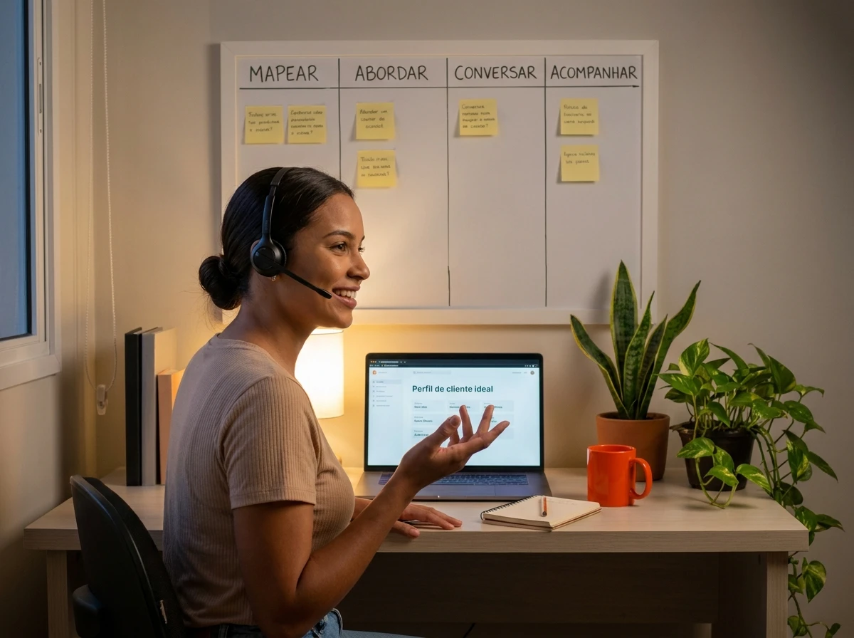 Profissional de vendas fazendo uma ligação de prospecção com headset, com a lista de perfil de cliente ideal no notebook, exemplo de estratégia de outbound marketing