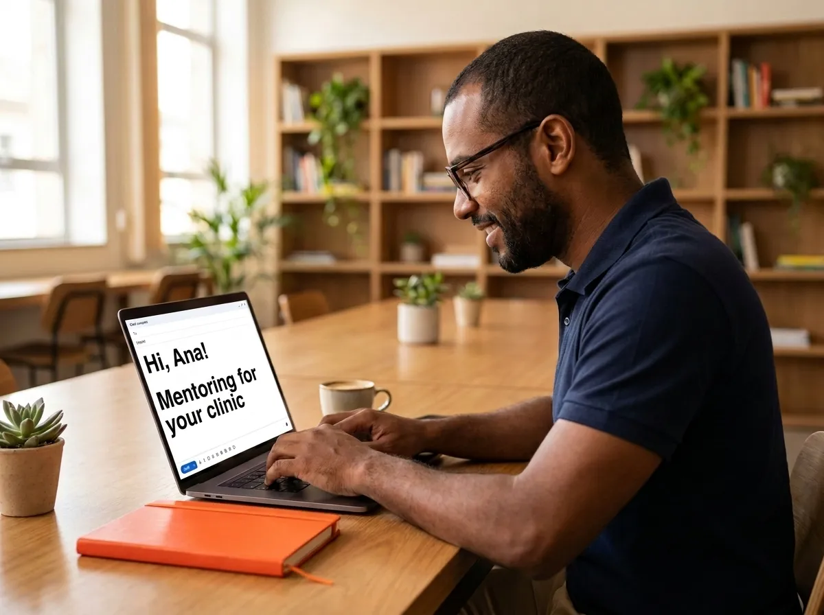 Mentor writing a personalized prospecting email on a laptop to pitch his mentoring program to a clinic, an example of outbound prospecting for digital products