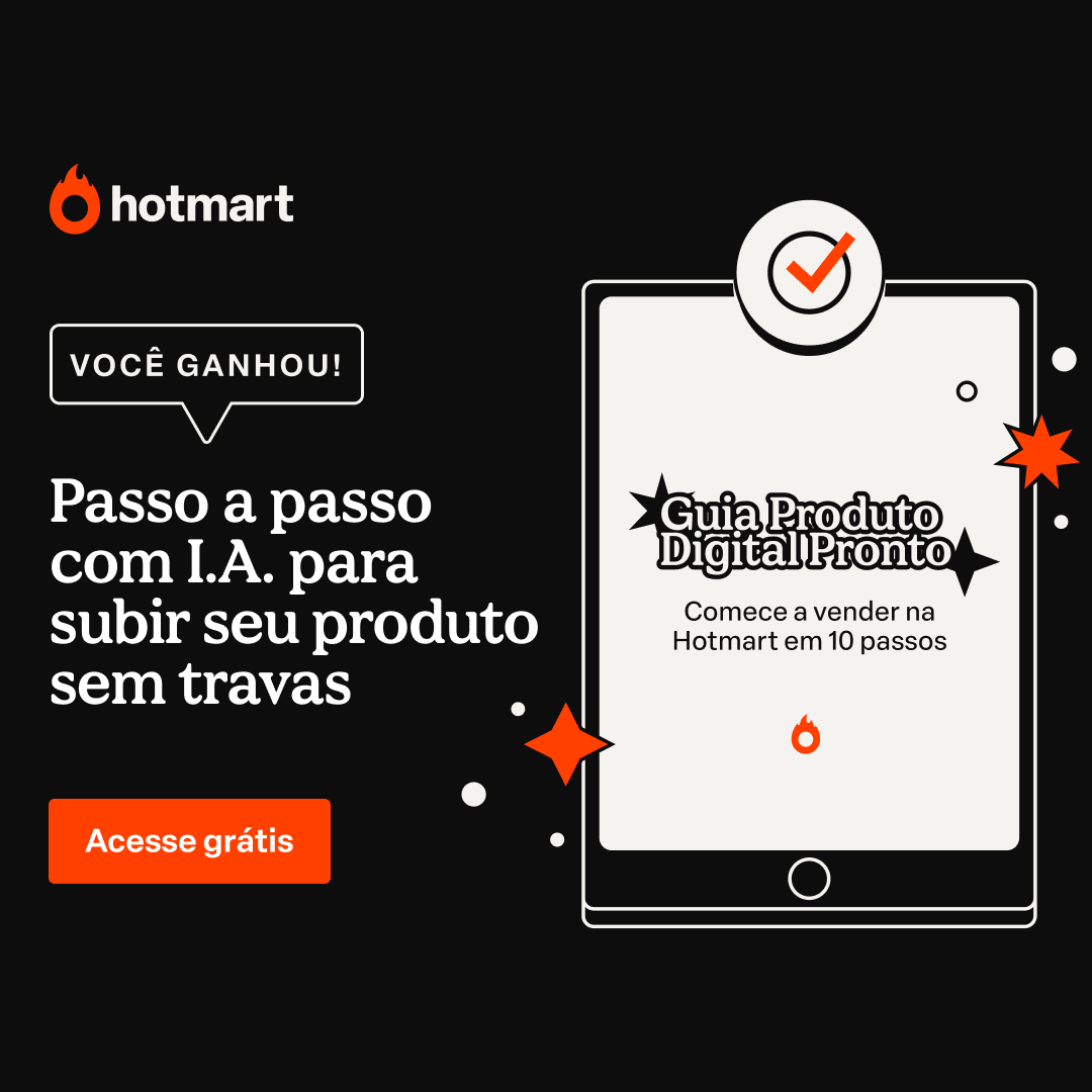 Banner do ebook Guia do produto digital pronto, com o passo a passo de como criar um produto digital do zero ao lançamento, todas as etapas com dicas. O banner é preto, tem a capa do ebook na lateral e o titulo do ebook ao lado, acompanhado de um botão "acesse grátis".