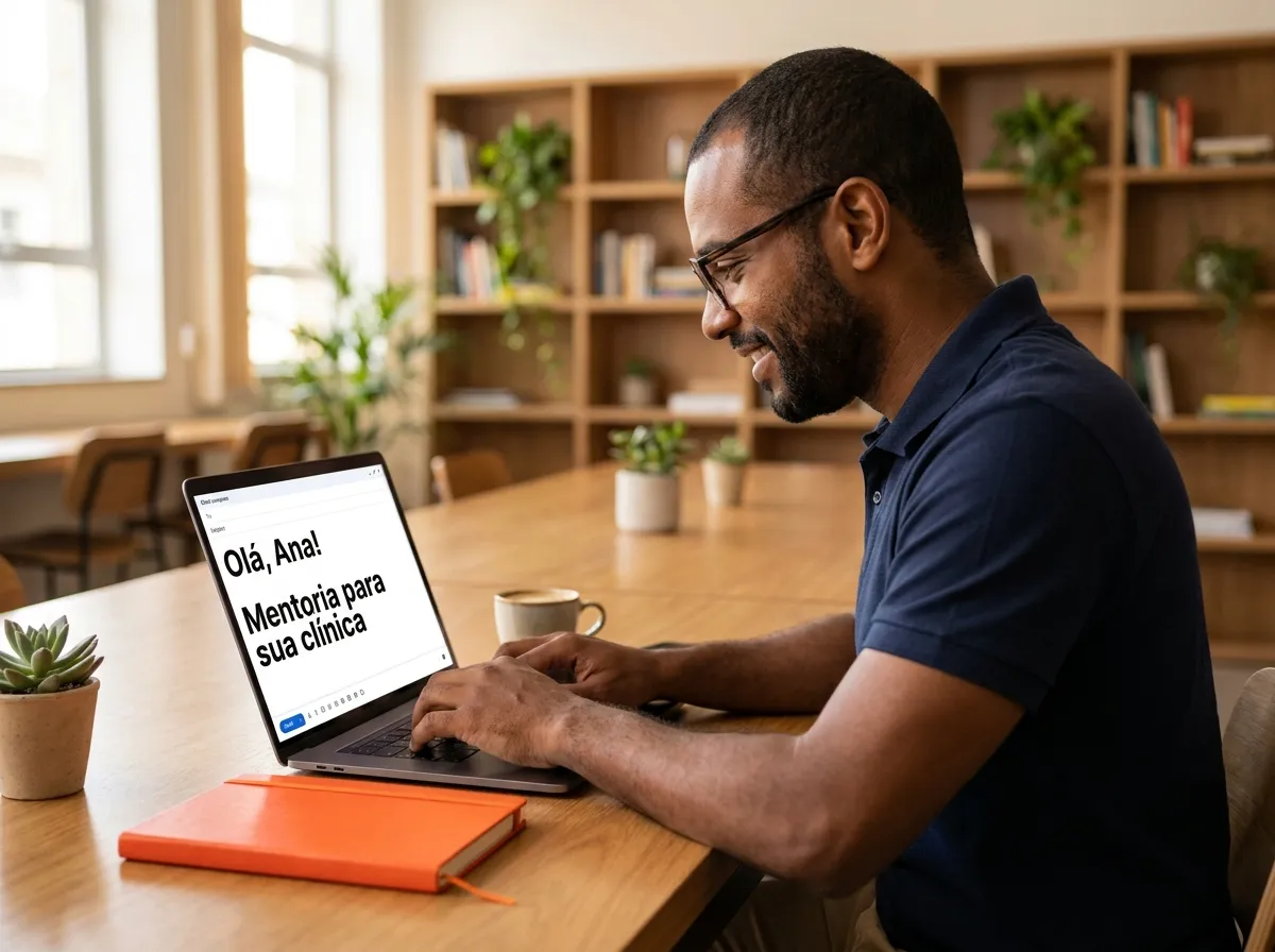 Mentor escrevendo um e-mail de prospecção personalizado no notebook para apresentar sua mentoria a uma clínica, exemplo de prospecção outbound para produtos digitais