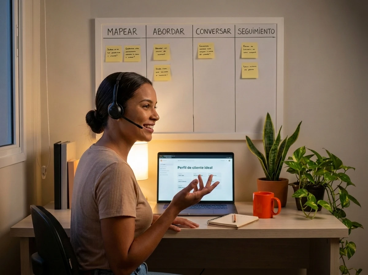 Profesional de ventas haciendo una llamada de prospección con auriculares, con la lista del perfil de cliente ideal en la computadora, ejemplo de estrategia de outbound marketing