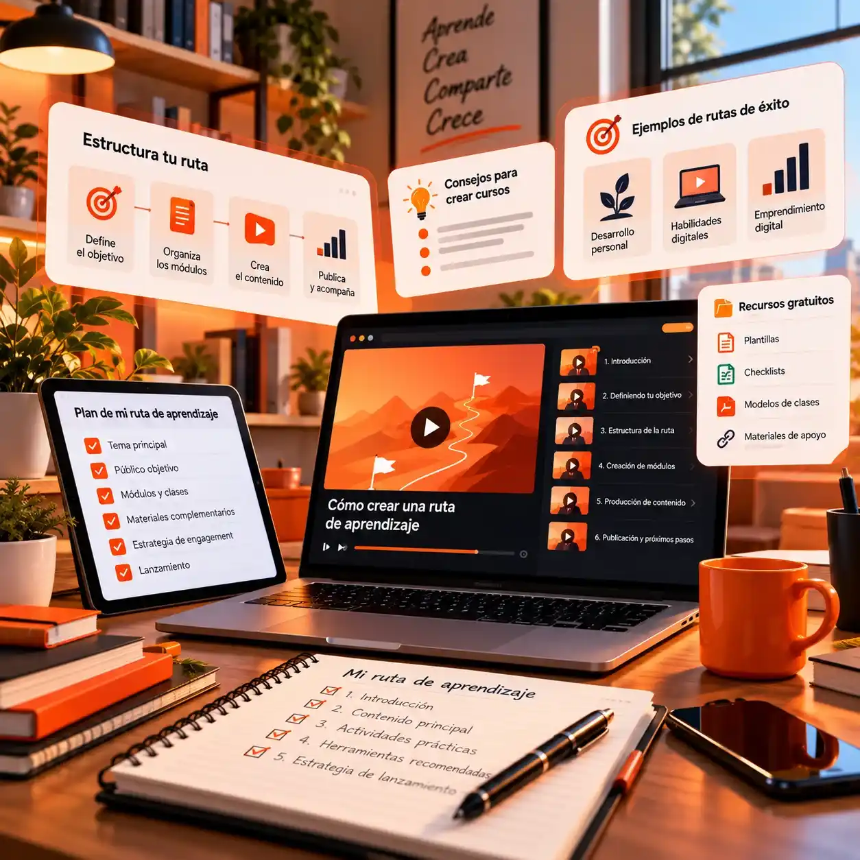 Escritorio con laptop, tablet y cuaderno que muestran el plan de una ruta de aprendizaje, con pasos para estructurar módulos, crear contenido y acompañar los resultados.