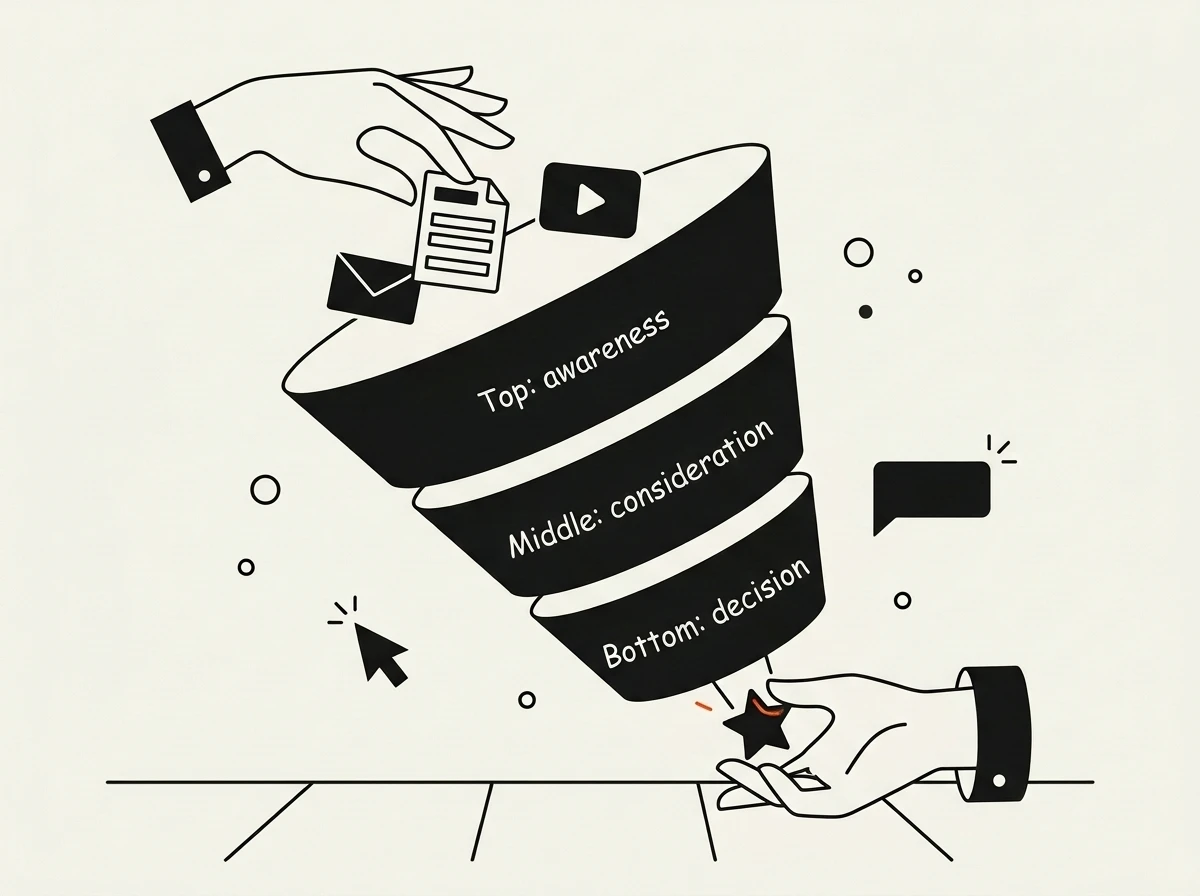 Illustration of the sales funnel and lead generation, with hands dropping email and form icons into the top and the awareness, consideration and decision stages