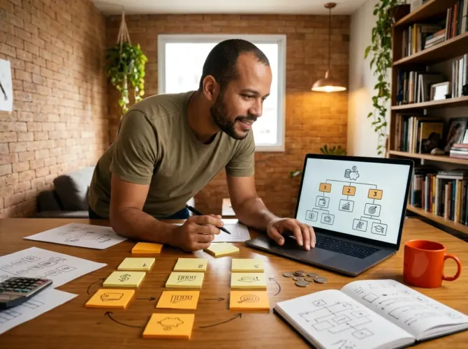 Produtor de curso online de finanças pessoais faz brainstorming sobre a trilha de aprendizagem do curso, com fluxograma de etapas no notebook e post-its organizados na mesa.