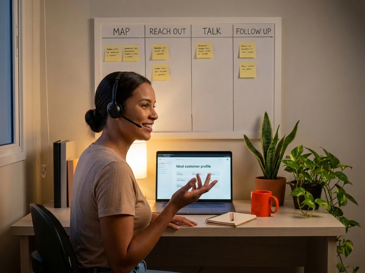 Sales professional making a prospecting call with a headset, with an ideal customer profile list on the laptop, an example of an outbound marketing strategy