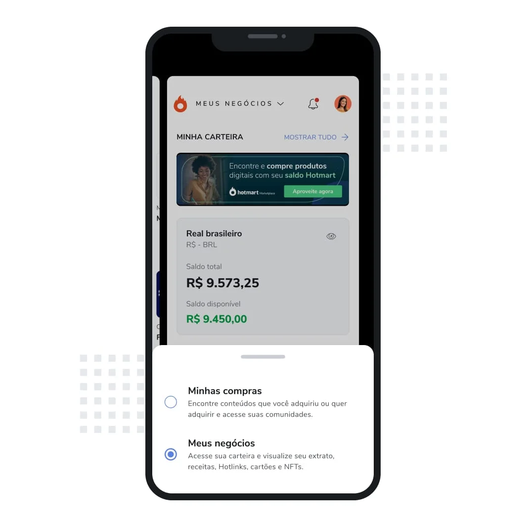 Tela de celular que mostra a seção Minha carteira do app da Hotmart. A imagem mostra um valor ilustrativo de saldo.