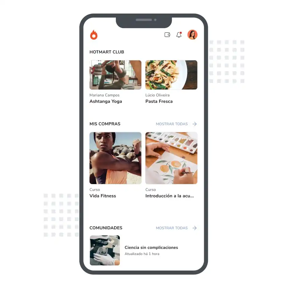 Pantalla de smartphone mostrando la sección de productos comprados dentro de la app de Hotmart.