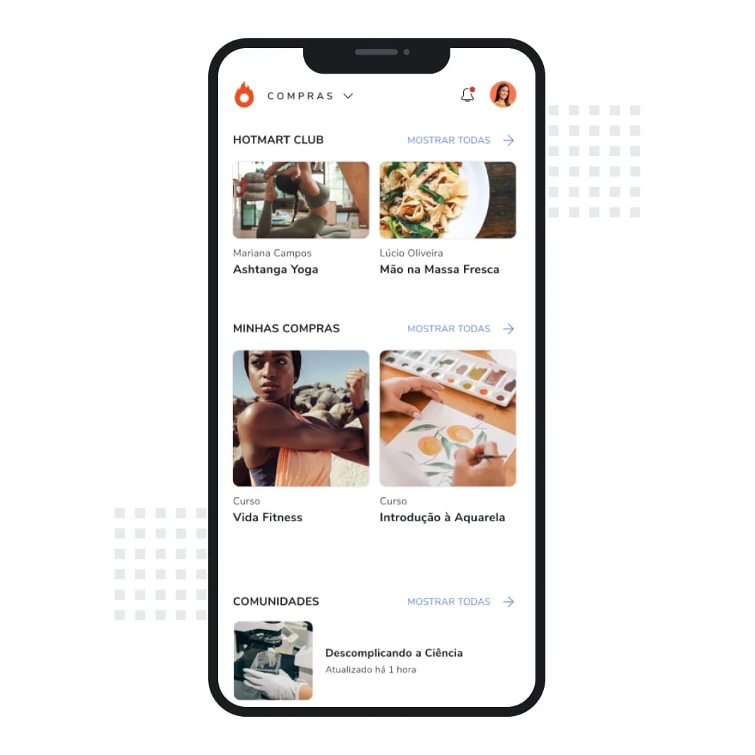 Tela de celular que mostra a seção Minha carteira do app da Hotmart. A imagem mostra um valor ilustrativo de saldo.