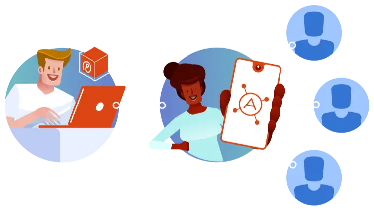 Ilustração de um Produtor com um notebook e uma Afiliada fazendo a divulgação do seu produto num celular.