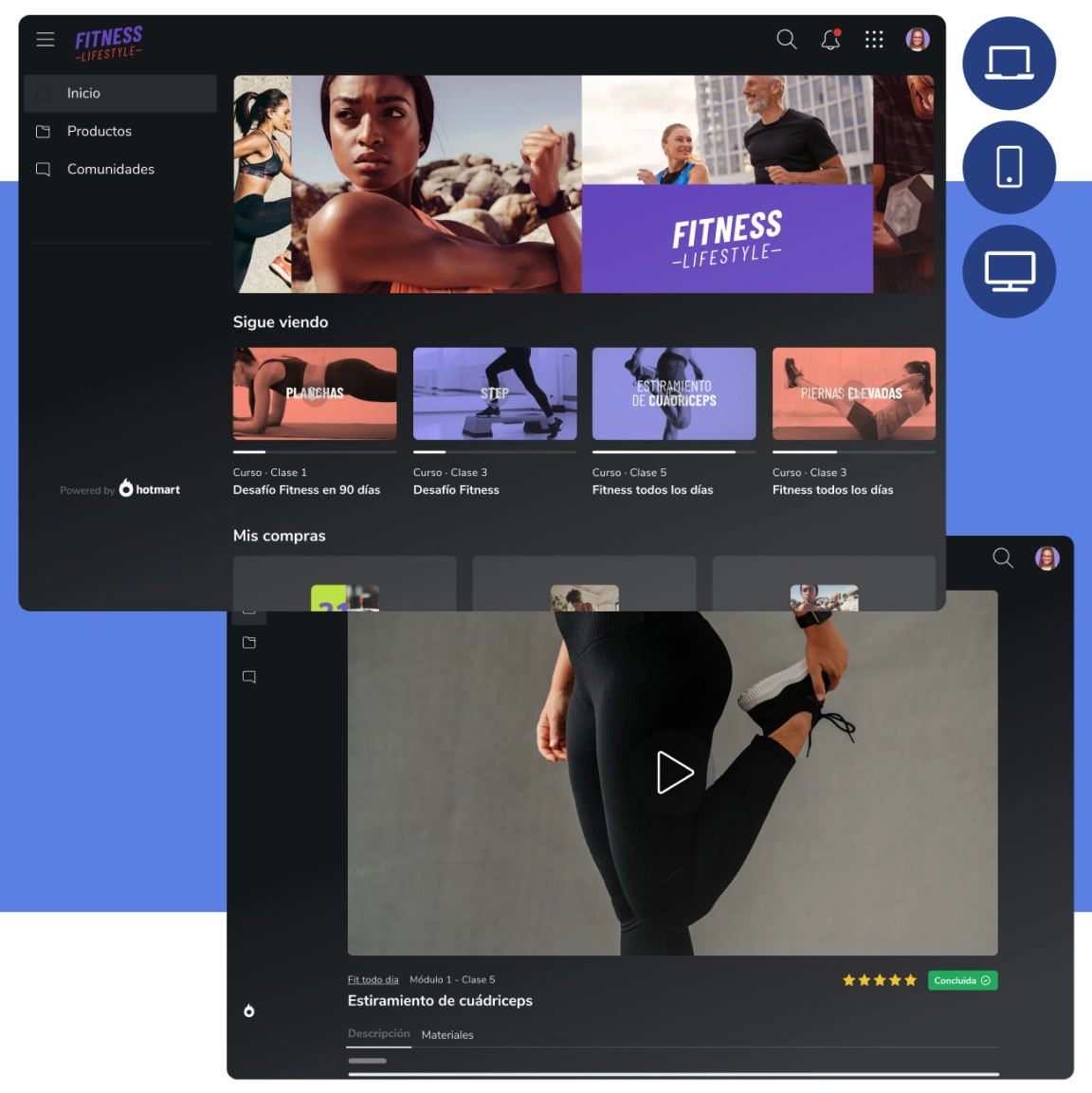 Imagen de la pantalla de Hotmart Club en modo oscuro mostrando el curso Fitness Lifestyle.