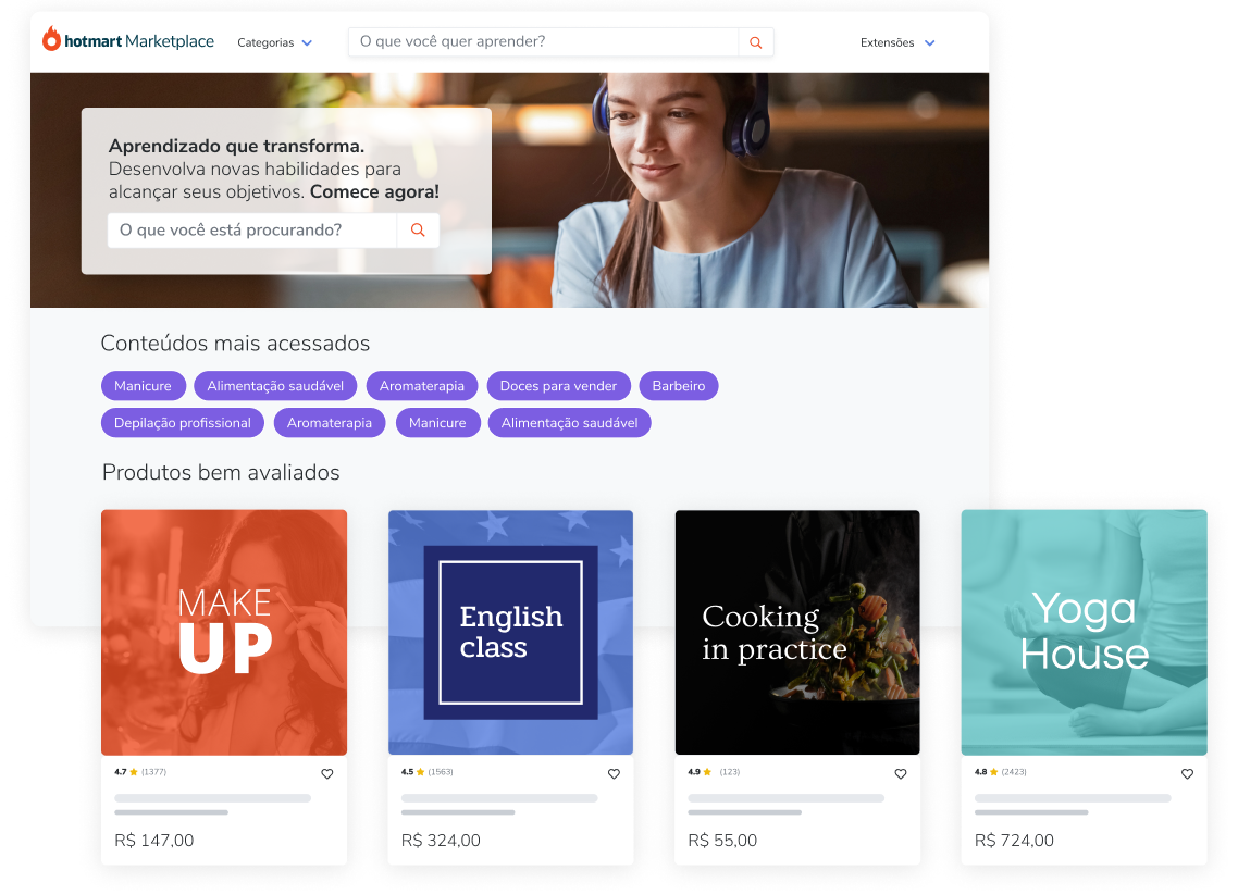 Imagem da tela inicial do Hotmart Marketplace, o mercado de produtos digitais da plataforma.