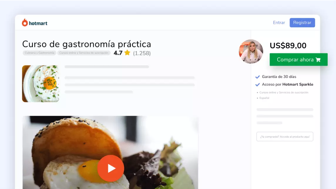 Imagen de la pantalla de la Página de Producto de un curso de gastronomía.