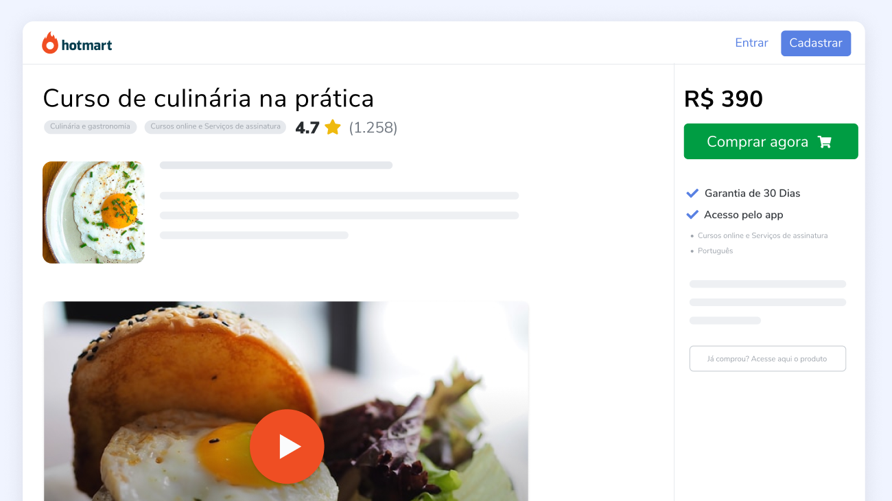 Imagem da tela de uma Página de Produto de um curso de culinária.