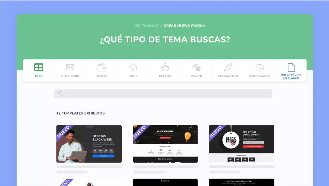 Imagen de la pantalla de la solución “Creador de Páginas” de la plataforma Hotmart.