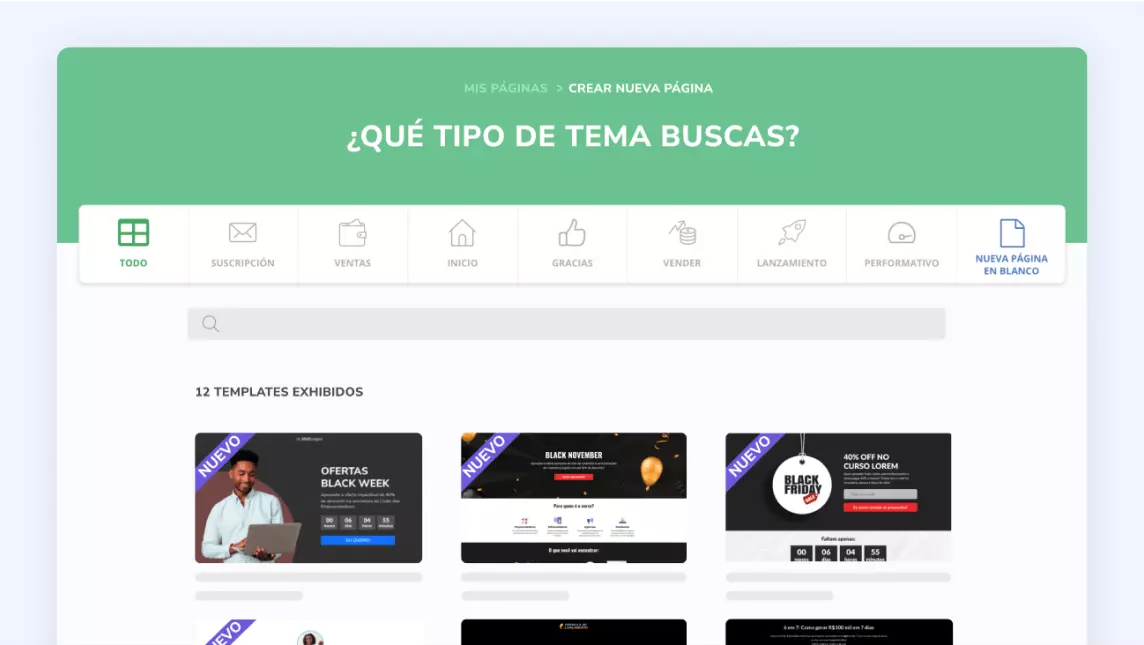 Imagen de la pantalla de la solución “Creador de Páginas” de la plataforma Hotmart.