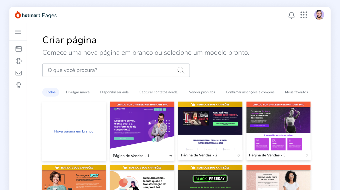 Imagem da tela da solução “Criador de Páginas” da plataforma Hotmart.