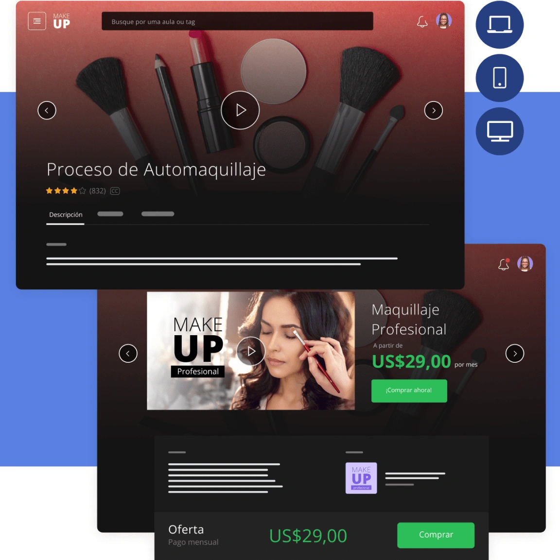 Imagen de la pantalla de un curso de automaquillaje y un anuncio en Hotmart Club, nuestra área de miembros.