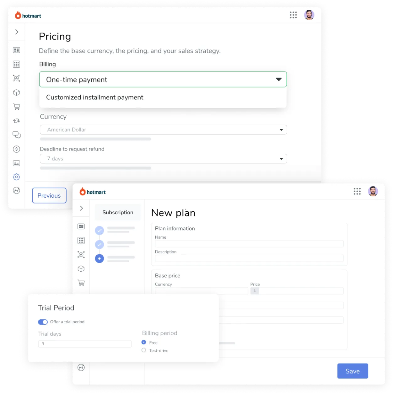 Image of two screens on the Hotmart platform, one for Pricing and the other for selecting a New Subscription Plan.