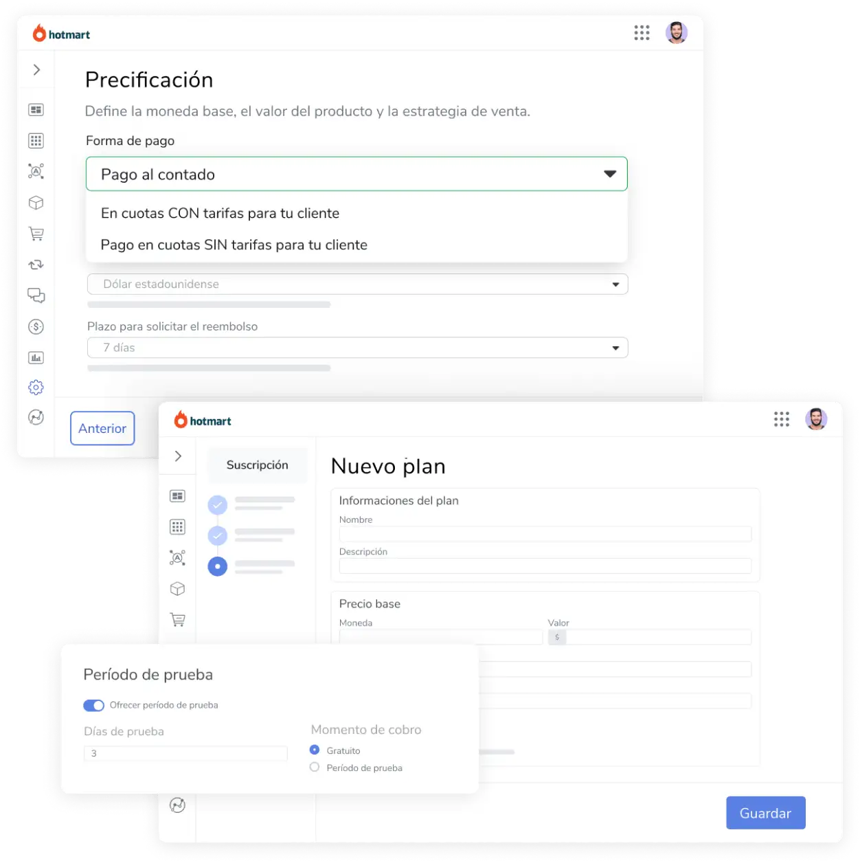 Imagen de dos pantallas de la plataforma Hotmart: Precificación y selección de Nuevo Plan de Suscripciones.