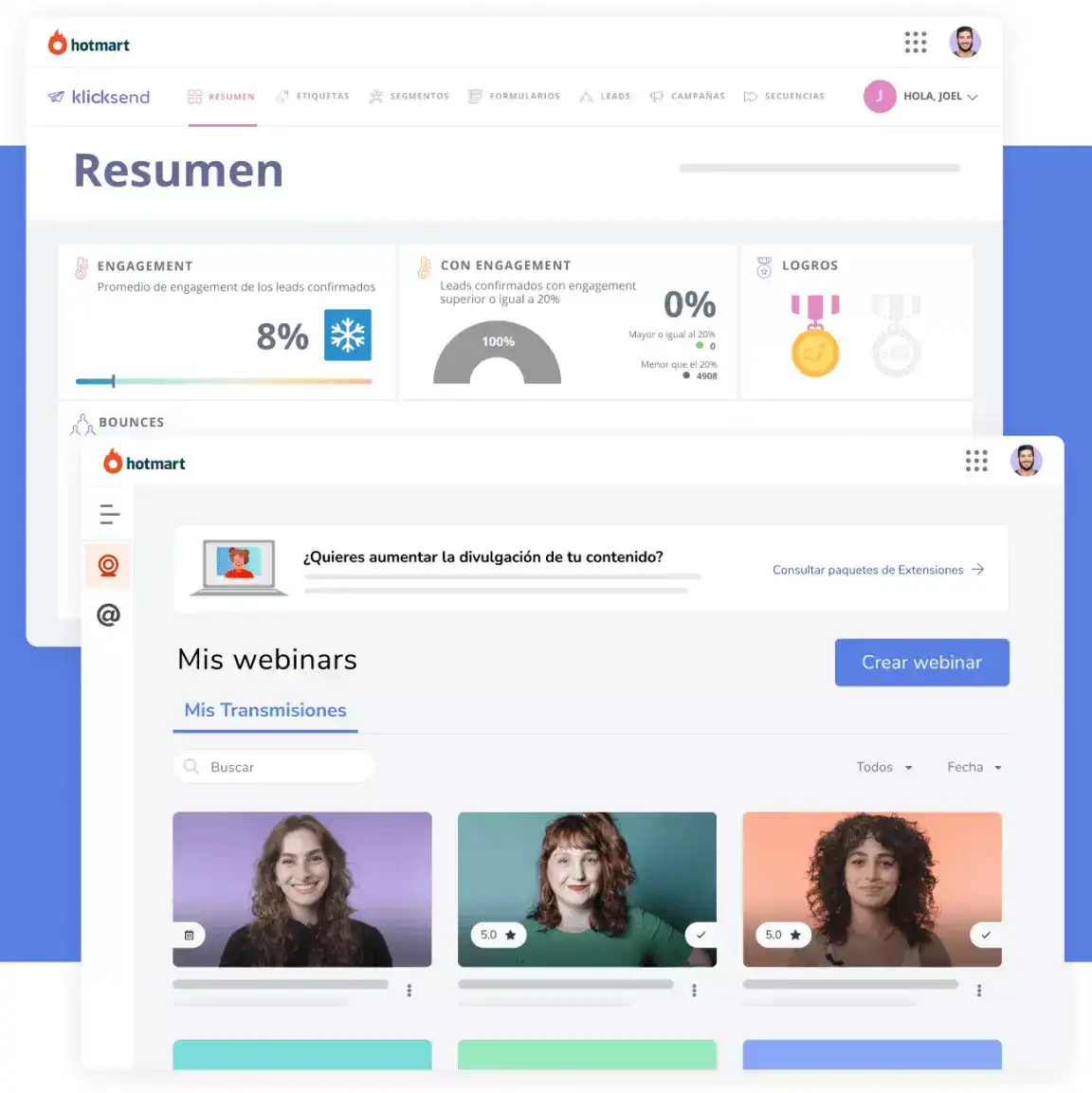 Imagen de las pantallas de las soluciones de Email marketing y Webinar de la plataforma Hotmart.