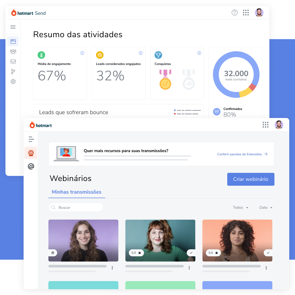 Imagem das telas das soluções de Email marketing e Webinário da plataforma Hotmart.