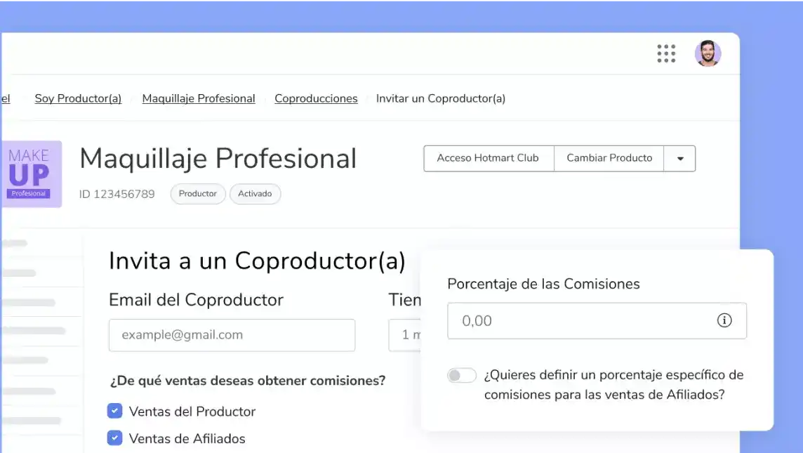 Imagen de la pantalla de Coproducción de la plataforma Hotmart.