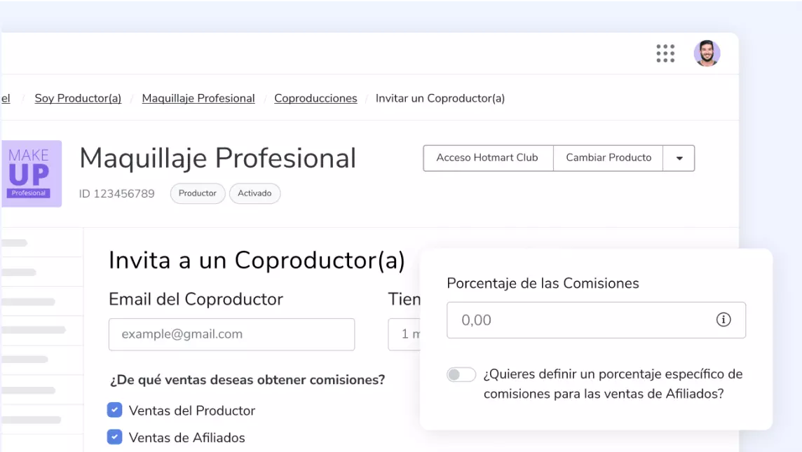 Imagen de la pantalla de Coproducción de la plataforma Hotmart.