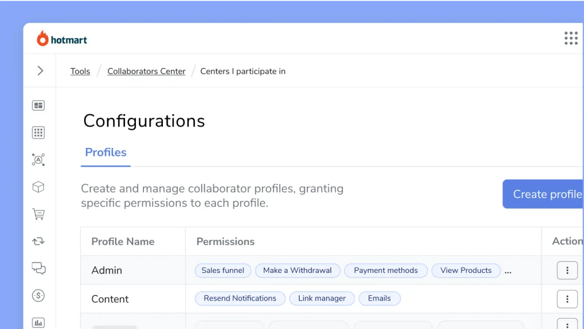 Image of the settings screen of the Collaborators Center of the Hotmart platform.