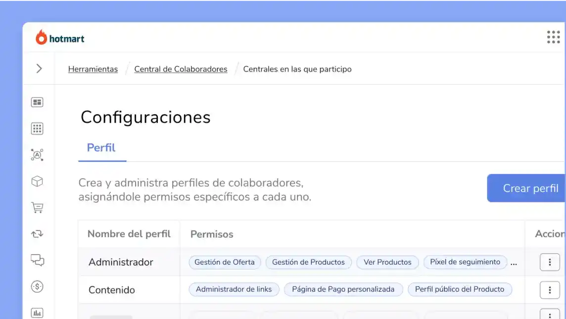 Imagen de la pantalla de configuración de la Central de Colaboradores de la plataforma Hotmart.