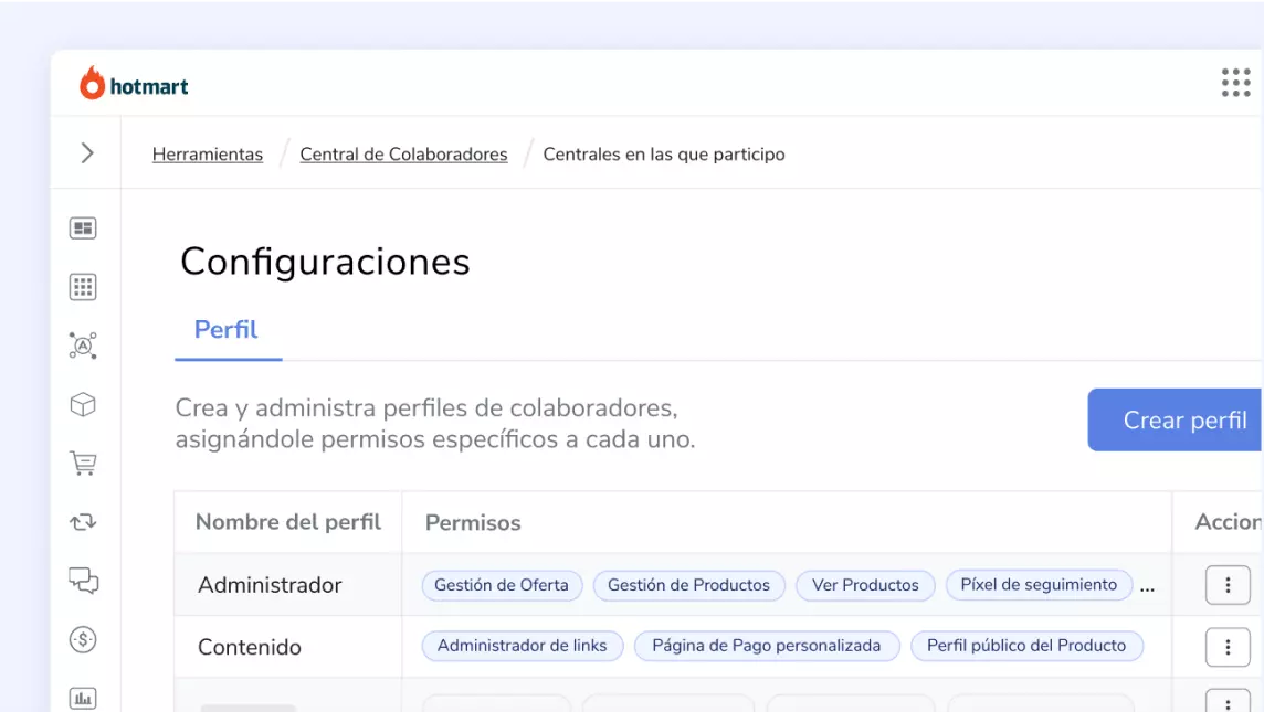 Imagen de la pantalla de configuración de la Central de Colaboradores de la plataforma Hotmart.