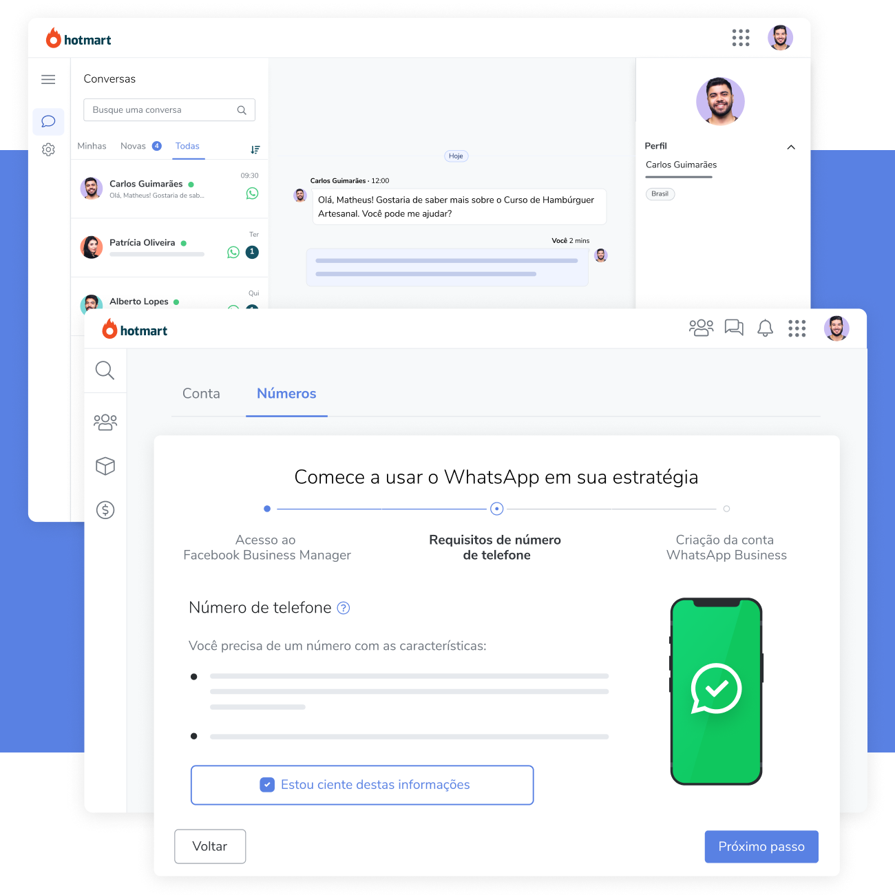 Imagem da tela que mostra a ferramenta de integração da plataforma Hotmart com o WhatsApp.