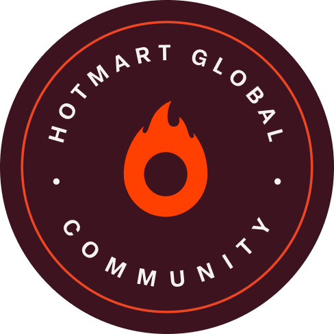 Selo Comunidades Hotmart em formato circular, com identidade visual preta e laranja e símbolo da Hotmart ao centro.
