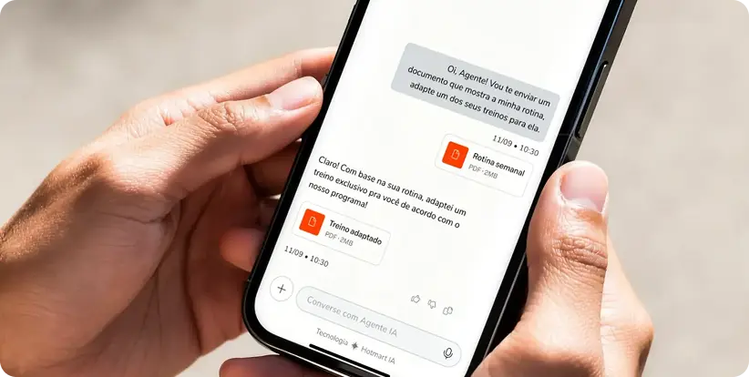 Un par de manos sostienen un celular con un chat de soporte impulsado por Agente de IA, pensado para recuperar ventas de infoproductos.