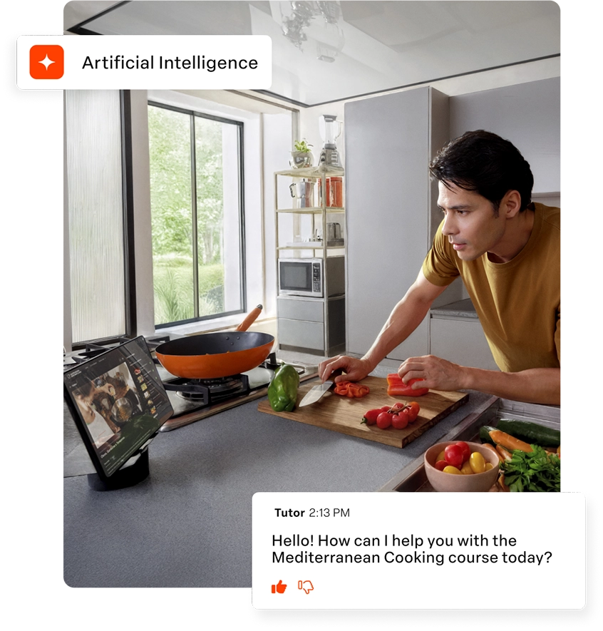 A man in the kitchen cuts vegetables on a cutting board. On the counter, a tablet displays a cooking class. A floating dialog box titled Artificial Intelligence shows a question: Activate Tutor?. Below, another dialog box shows a message from the Tutor saying: Hello! How can I help you with the Mediterranean Cooking Course today?.